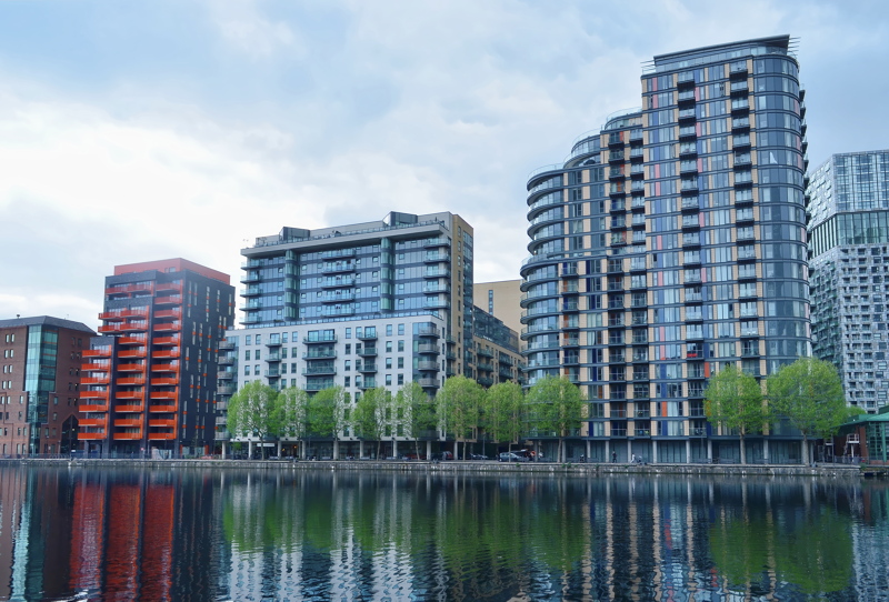 13 - Modern high-rise residential and commercial buildings along Millharbour in the South Quay and Canary Wharf district of London